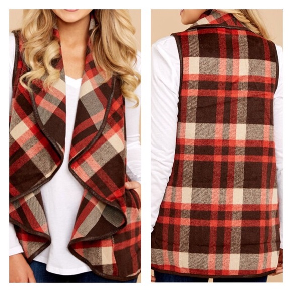 🚨SALE🚨Red Brown Plaid Waterfall Vest - Picture 2 of 2